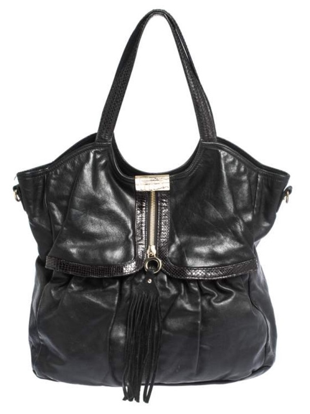 Jimmy Choo Black Leather Tassel Zip-Front Tote